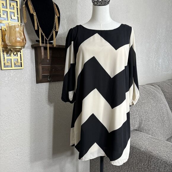 Cocktail Chevron Dress Women’s Size L Black Cream 3/4 Sleeve Bow Back Formal - Picture 2 of 14
